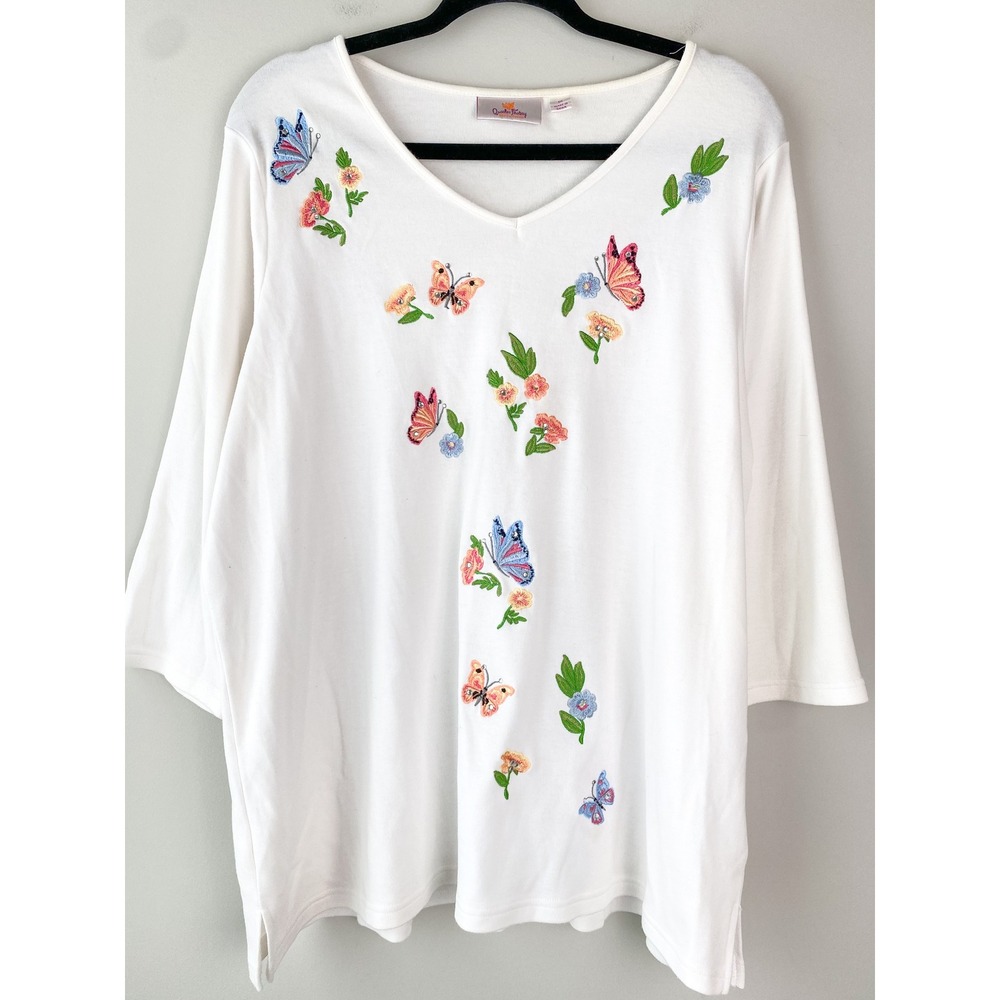 Quaker Factory Womens Butterfly Embroidered Top 1X White V Neck 3/4 Sleeve Soft
